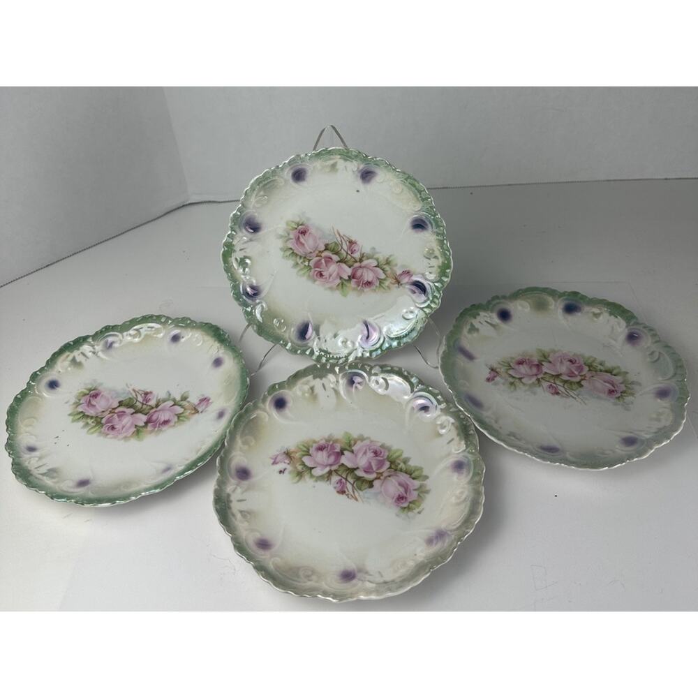Antique Green Leuchtenburg Germany Round Plate Pink Roses 6” Set Of 4